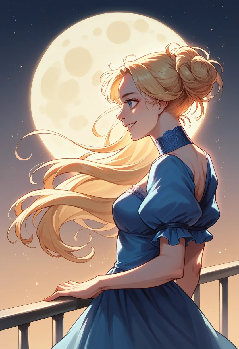 A cinematic, hyperrealistic digital painting of a young woman with windswept blonde hair, wearing a flowing blue silk blouse. She stands on a wrought iron balcony overlooking a bustling city at night, her silhouette illuminated by the soft glow of the full moon. She gazes to her left with a mysterious, enigmatic smile.