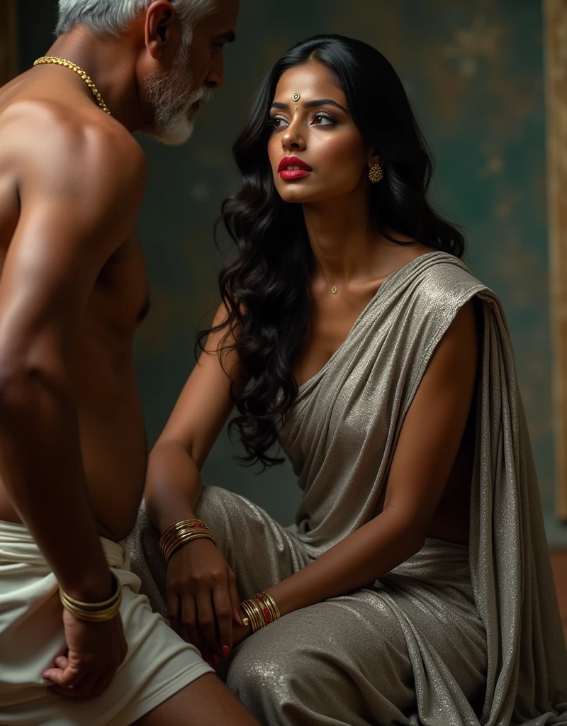 A beautiful hot indian girl, large breast, cleavage perfect body shape,wearing silver silky saree, red lipstick, sitting on knee, in front of 56-year old ugly man wear dhoti