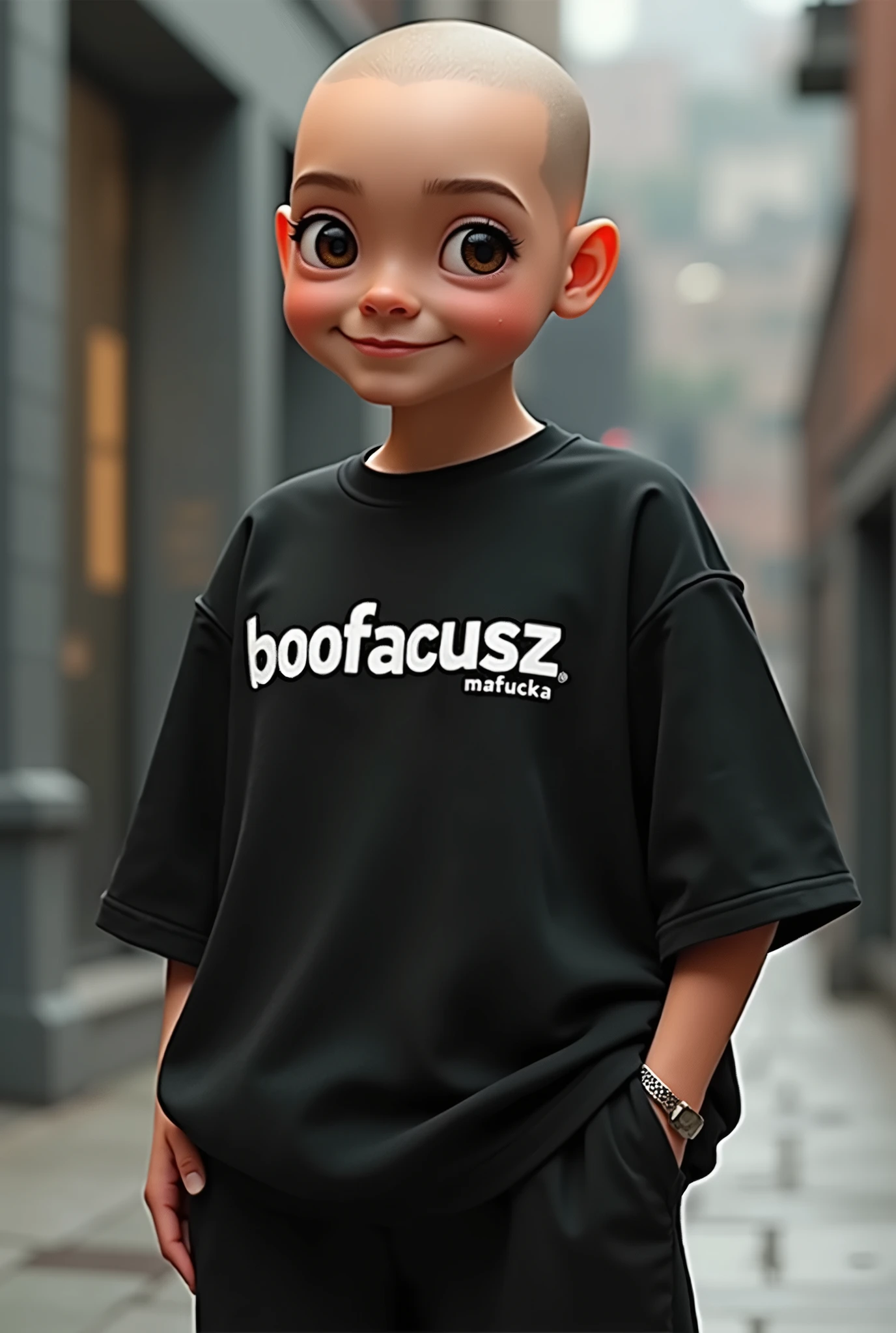 	•	BooFacusz:
	•	Appearance: A modern, streetwise character with a shaved head, exposing the shape of the skull clearly. He has large, lively brown eyes and a friendly smile, which contribute to his approachable yet confident demeanor.
	•	Clothing: He wears an all-black outfit, consisting of an oversized shirt with the bold text “BooFacusz” and a smaller line below with the word “Mafucka.” His ensemble includes loose-fitting shorts or pants, adding to the laid-back yet stylish look.
	•	Accessori