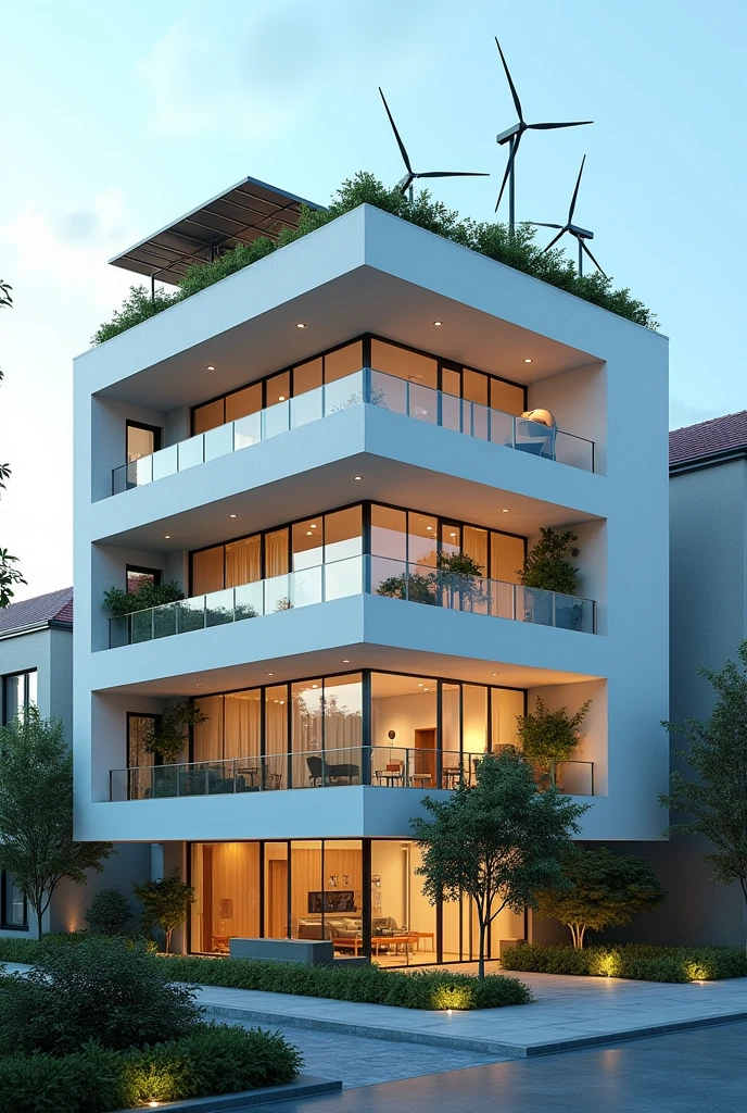 Draw 4 story apartment house with LED lights, solar panel, microwind turbines at the rooftop and rain water induced at the side of the building