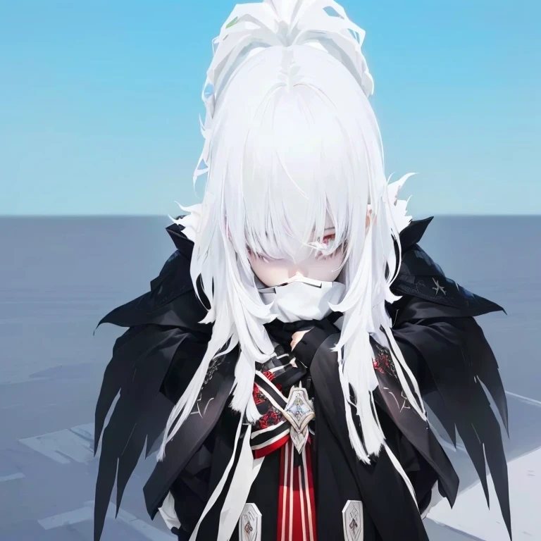 ตัวละครอะนิเมะที่have white hairและปีกสีดำยืนอยู่หน้าท้องฟ้าสีฟ้า, He has dark gray hair, have white hair deity, have white hair, ((Wearing a noble costume)), From Arknights, white hair, คนแคระwhite hair, Cold white eyes, Highly detailed face, White detailed eyes, Kapmoe Yandere Grimdark, Tired haunted expression