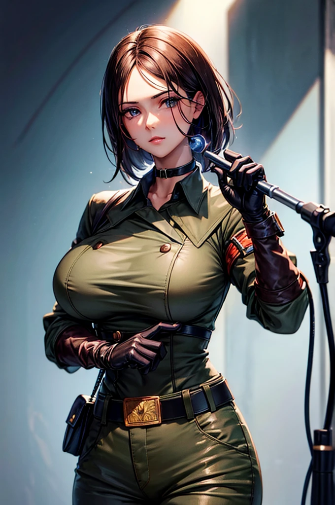 brown and gray sniper girl wearing brown militray suit,Huge Breasts,ruins,red glasses,Thick smoke,cleavage,Lipstick,pant,ponytail hairstyle