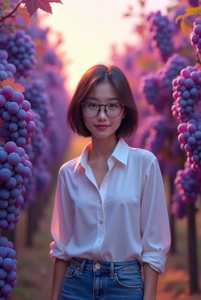 Beautiful Thai woman short brown hair wearing eyeglasses, white shirt and blue jeans, standing in front of purple grape garden, purple atmosphere