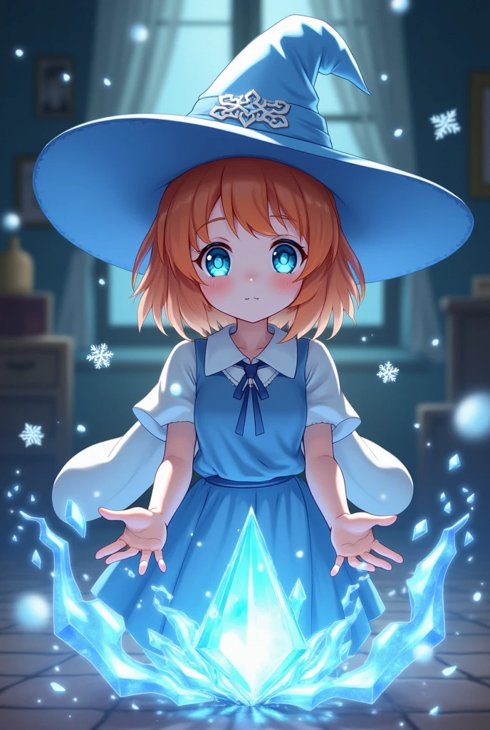 a witch, she has orange hair, her face is quite innocent and blue eyes. She was standing in the room and using ice magic to create floating snowflakes. She's so adorable. anime girl