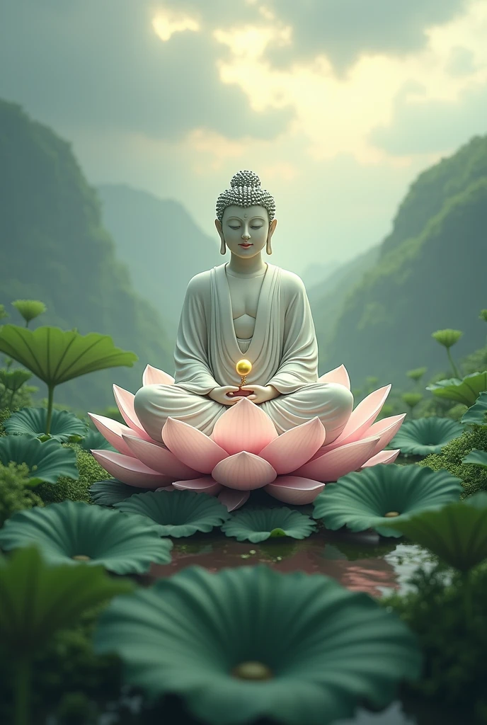 Buddha sit on lotus peacefully weather cloudy green 