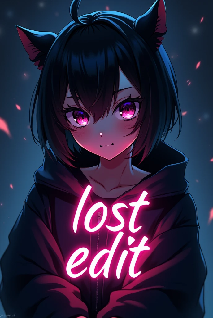 Create an Instagram profile picture with a dark, mysterious vibe. The image should feature an anime character with a unique, eye-catching appearance. The character should have striking eyes, a stylish hairstyle, and a confident expression. The background should be dark, with subtle patterns or gradients that enhance the character's presence. Include the text 'Lost Edit' in a stylish, glowing font, with colors that complement the character's design. Ensure the overall look is both captivating and professional."