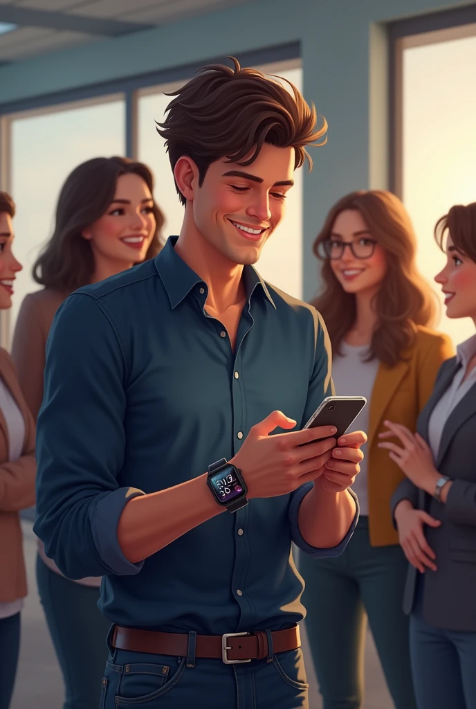 The men also became happy after seeing the girl's thank you message on Instagram on his phone, the boy is wearing a dark blue shirt, jeans and a smart watch, and the boy is still in the office