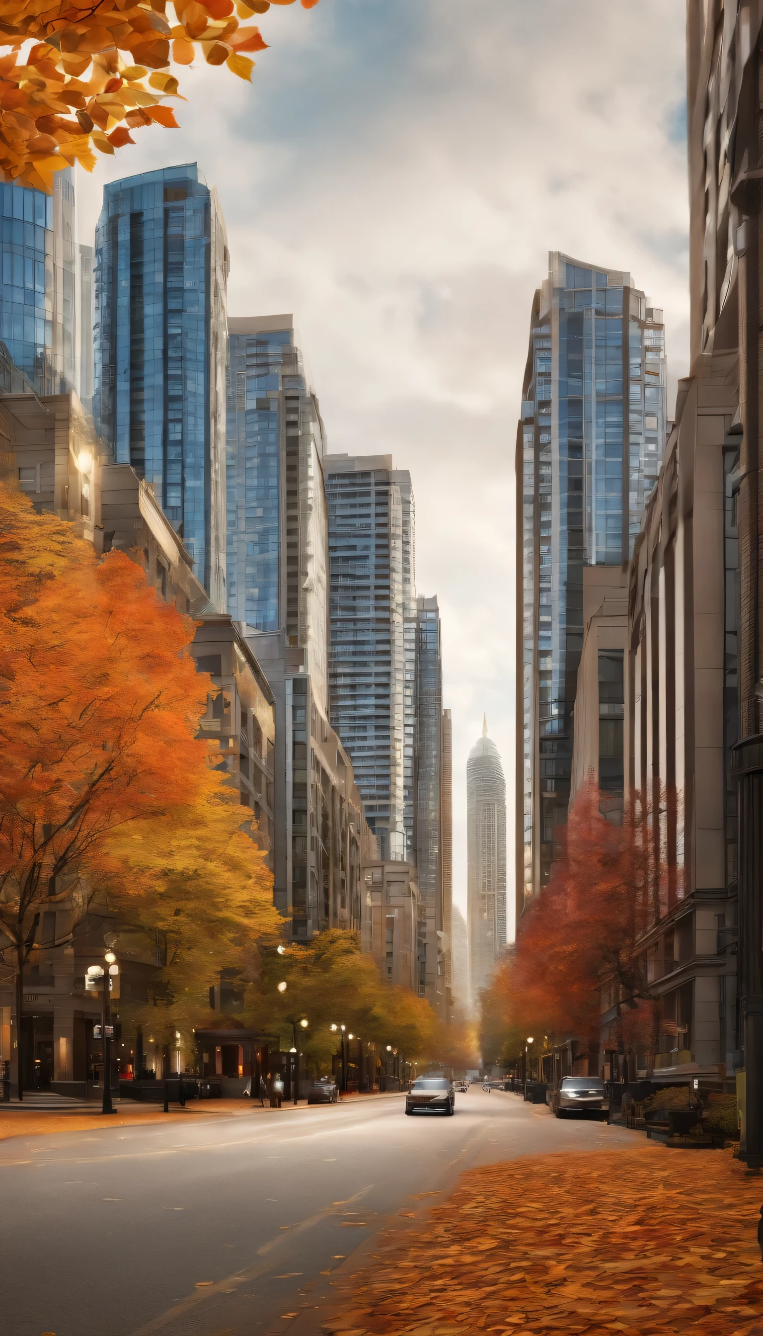  Vancouver city street view, Vancouver tall buildings in the background, autumn with orange and yellow leaves and trees, masterpiece, best quality, extremly detailed, aesthetic, intricate detail, highres, official art, finely detailed, high resolution illustration, 8k