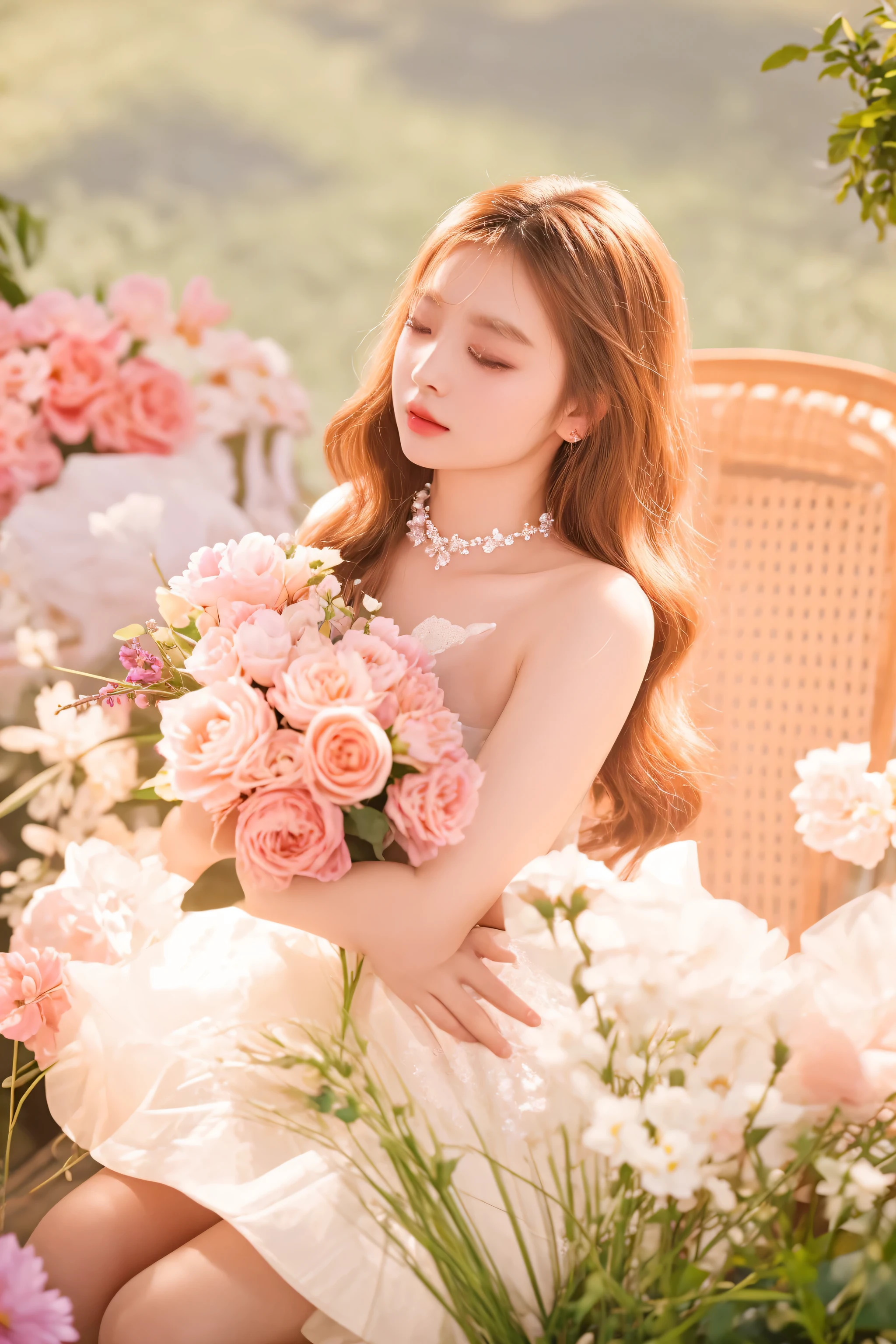 there is a woman sitting on a chair with a bouquet of flowers, with flowers, dreamy and ethereal, sitting with flowers, flower goddess, ethereal and dreamy, 🌺 cgsociety, ethereal beauty, inspired by Huang Ji, with bloom ethereal effects, lovely woman, blooming, lalisa manobal, dreamy mood, blooming flowers, jinyoung shin, floral dream, jia