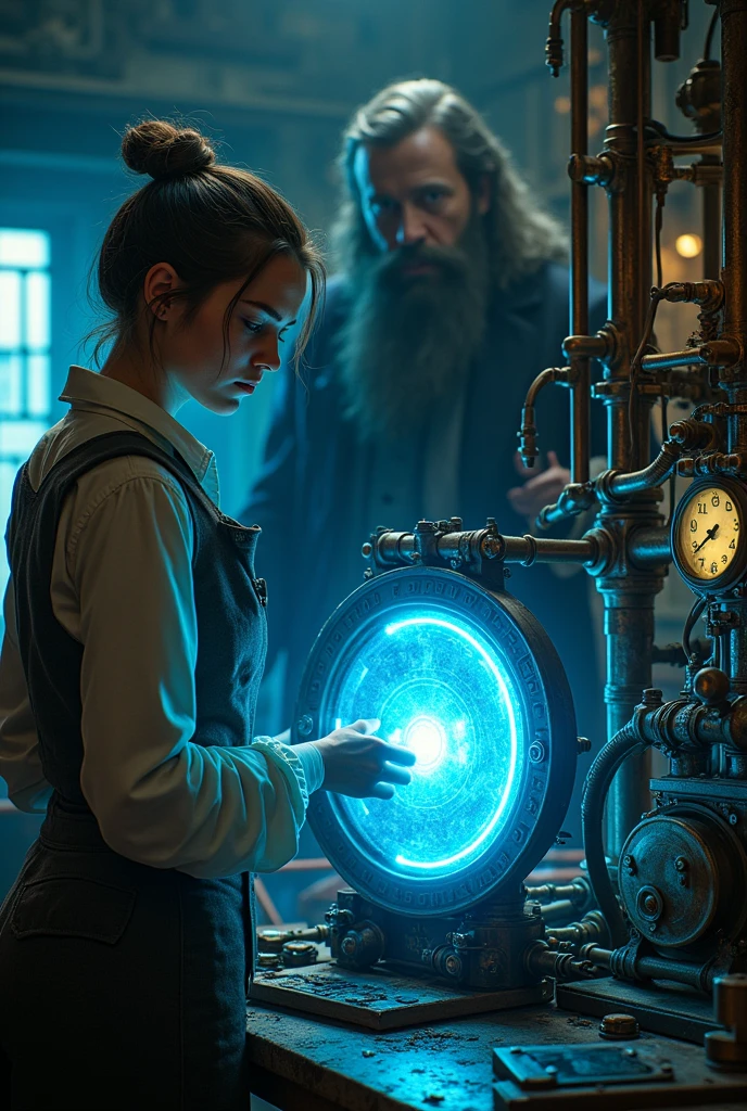 In un laboratorio steampunk, A young woman has built an energy power supply that produces a blue light. Add Raspuntin behind her
