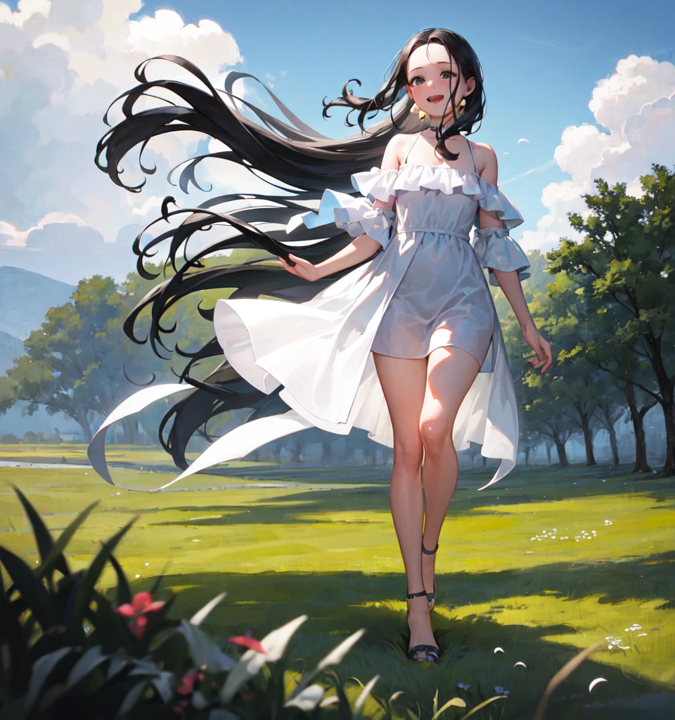 masterpiece, best quality, ultra-detailed,hyperrealistic,shiny skin,1girl,forehead,(plain forehead)+,black hair,long hair,black eyes,,(white dress,off shoulder summer dress)+,small breasts,dynamic angle,blowing in the wind,walking in the meadow,smile,fullbody shot,

