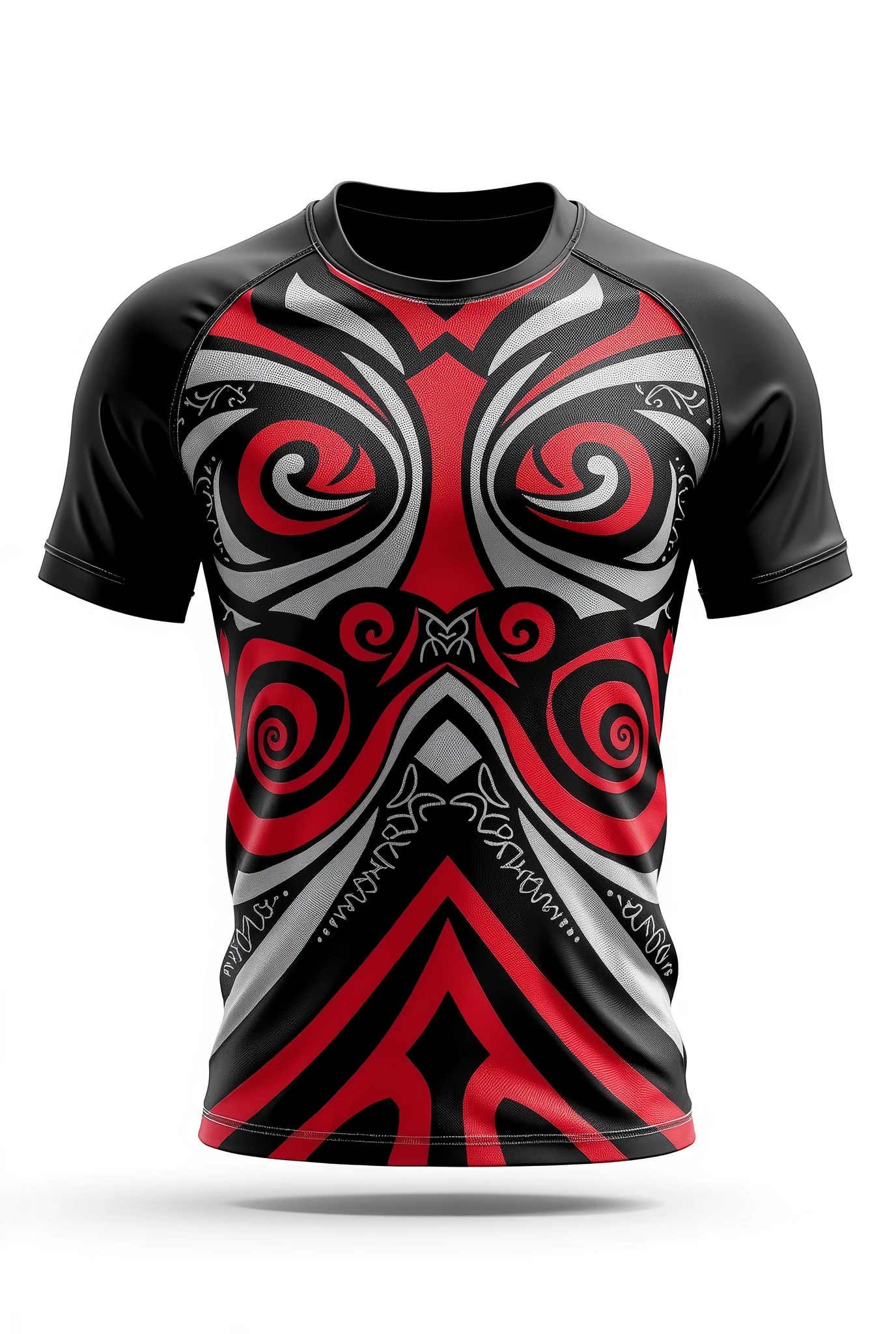 Create rugby jersey  black round neck black red white Maori tribe pattern white background 