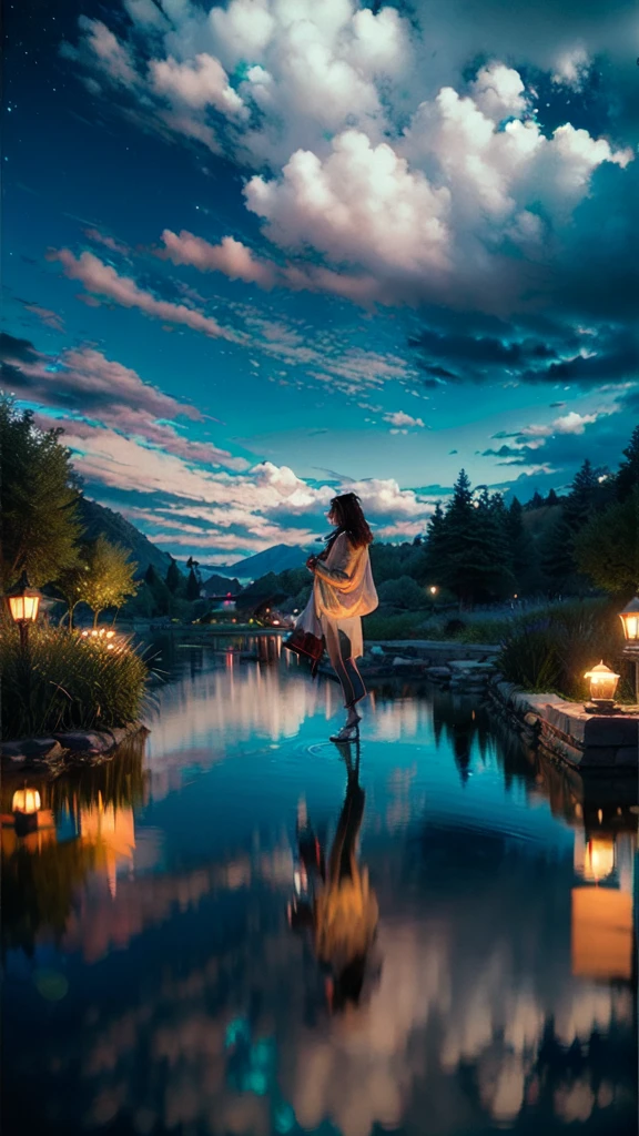 (Realistic:1.3), In detail, quality, Rembrandt Lighting, (masterpiece:1.2), (photoRealistic:1.2), (best quality), (Intricate details), dramatic, Ray Tracing, lake, (Long-distance shots, Establishing Shot:1.5), water, (reflection:1.1), Night Sky, performer, milky way, 