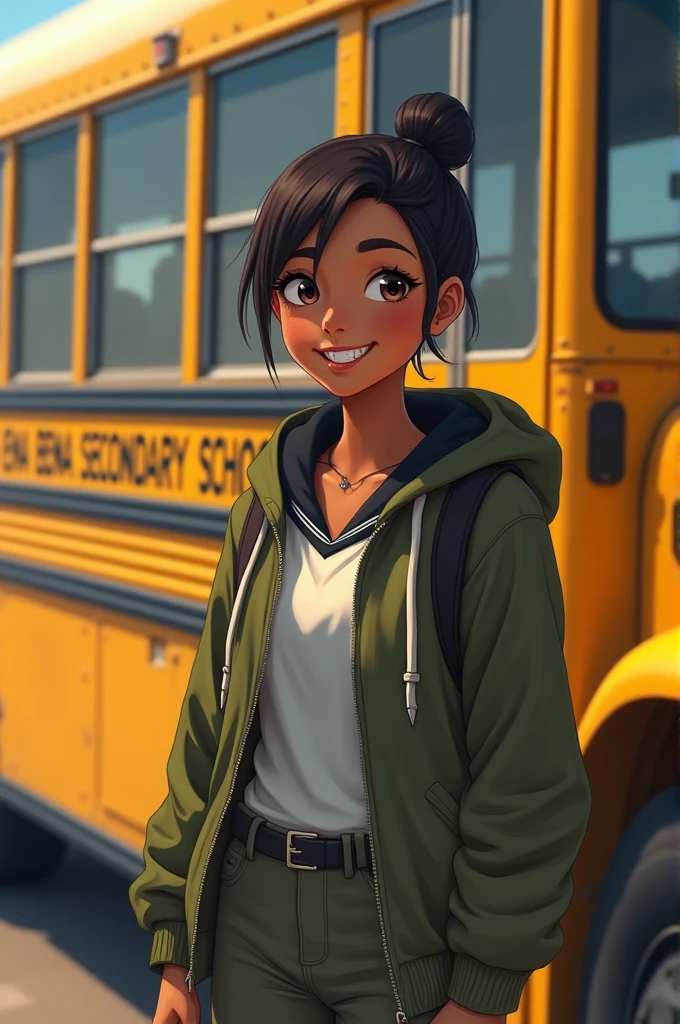 a woman with short hair,tied into one bun,wearing a army coloured hoodie,black and white collar shirt,long pants,sneakers,brown skin,smiling has,space teeth,standing beside a bus with the name bena bena secondary school