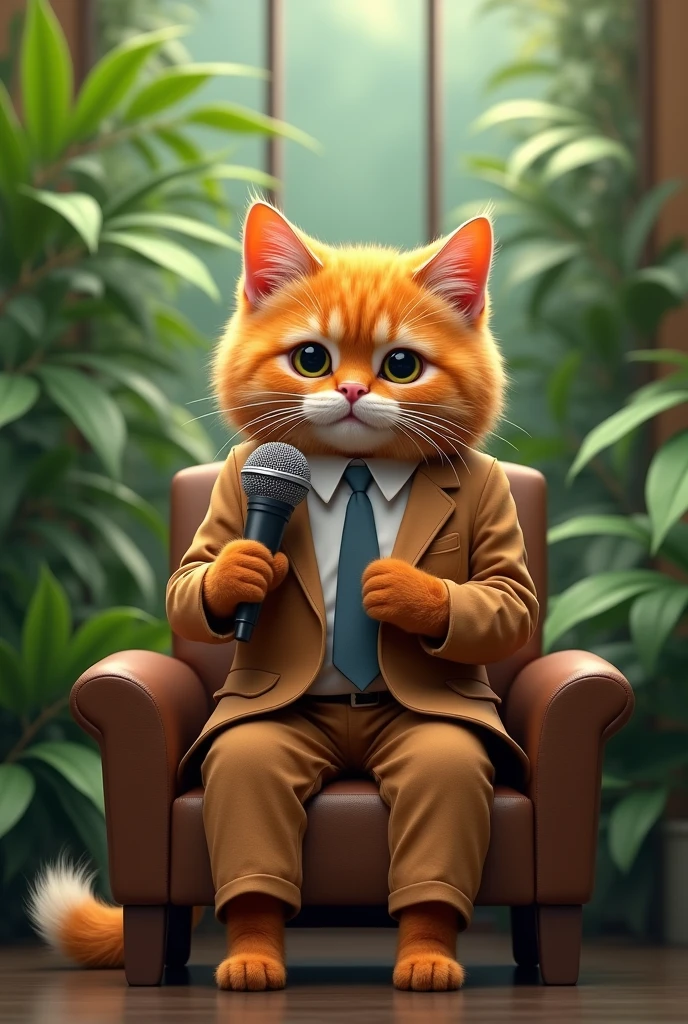 Create an orange cat sitting in chair wearing suit and acting as reporter background should cover plants and holding a mic close to moyth
