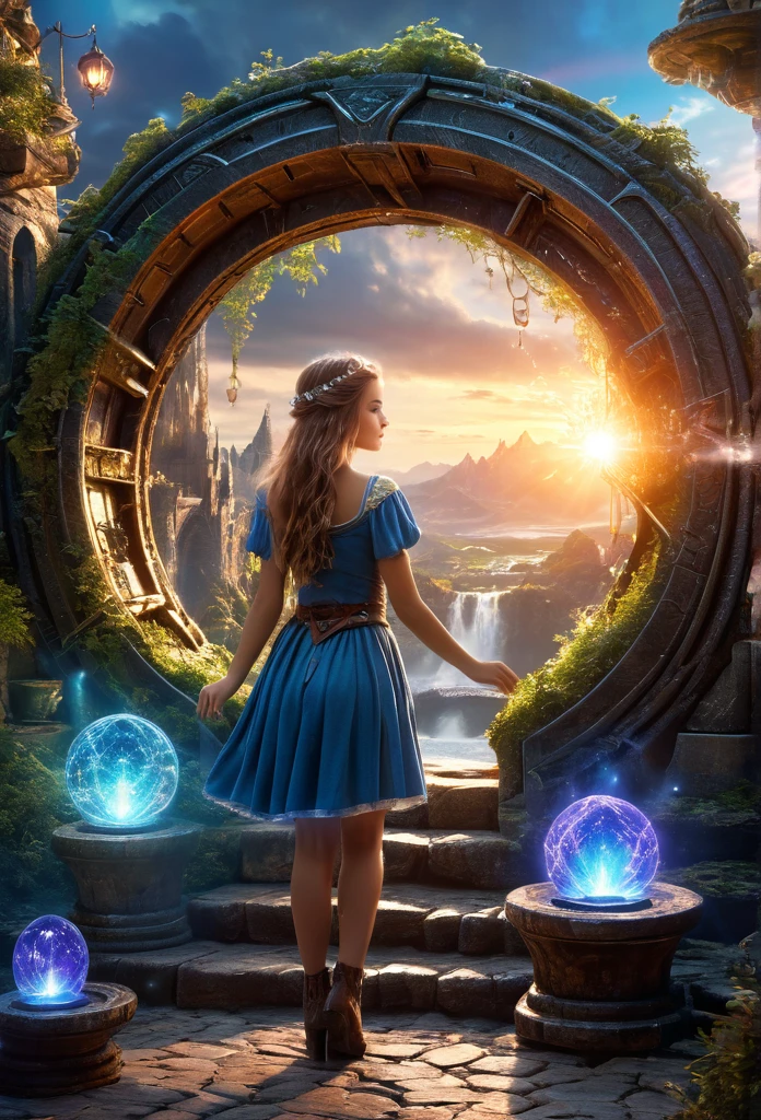 ,Beautiful girl, Fantasy world with magic portal, Everything is magical, The atmosphere is magical, Photo Real, Attention to detail, Highest quality, 4K