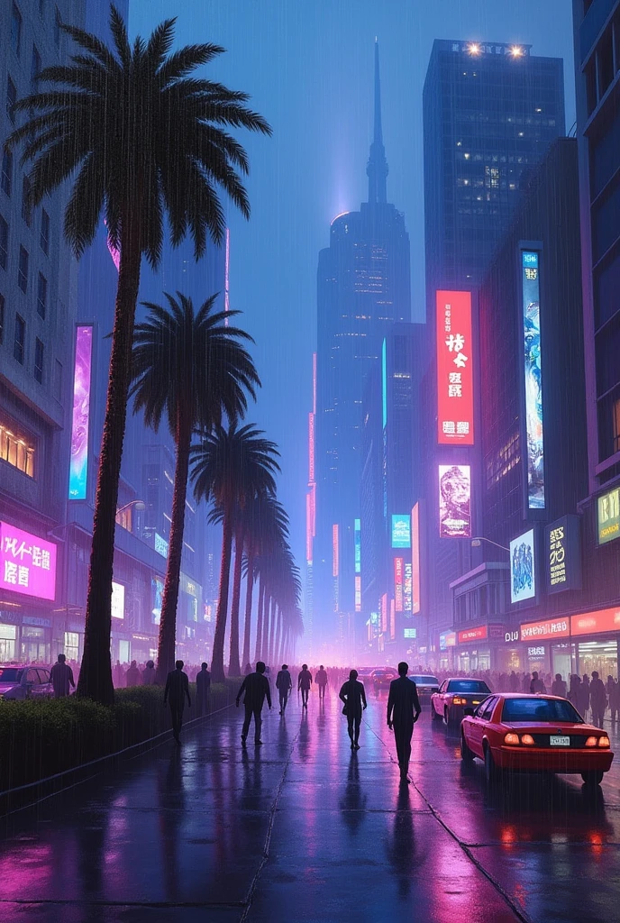 Oil painting of a futuristic street, tall buildings in a distance,bright purple and blue lights, billboards, people walking on footpath, and cars on the street. Night time, raining, very realistic, a 5 palm trees in the walk way