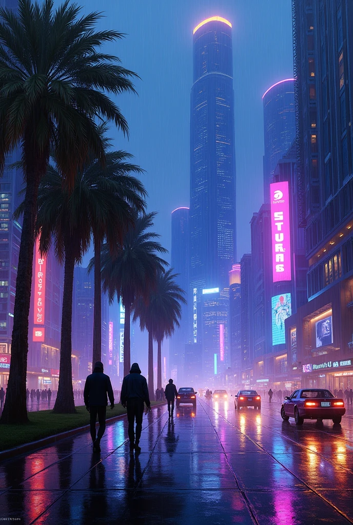 Oil painting of a futuristic street, tall buildings in a distance,bright purple and blue lights, billboards, people walking on footpath, and cars on the street. Night time, raining, very realistic, a 5 palm trees in the walk way