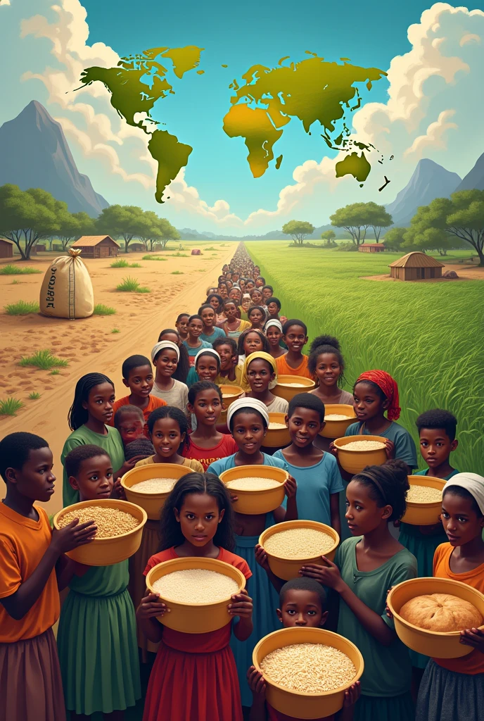 A powerful visual representation of global hunger, featuring a diverse group of people, including children, elders, and women, from different regions of the world (Africa, Asia, Latin America), standing together with empty bowls. The background shows a divided world map where one side depicts barren lands, droughts, and conflict, while the other side shows green fields, crops, and community efforts to grow food. In the center, there are icons of food aid, like a large bag of rice, a loaf of bread, and hands planting seeds. The image should have a hopeful tone, emphasizing the possibility of overcoming hunger through global cooperation and sustainable practices.