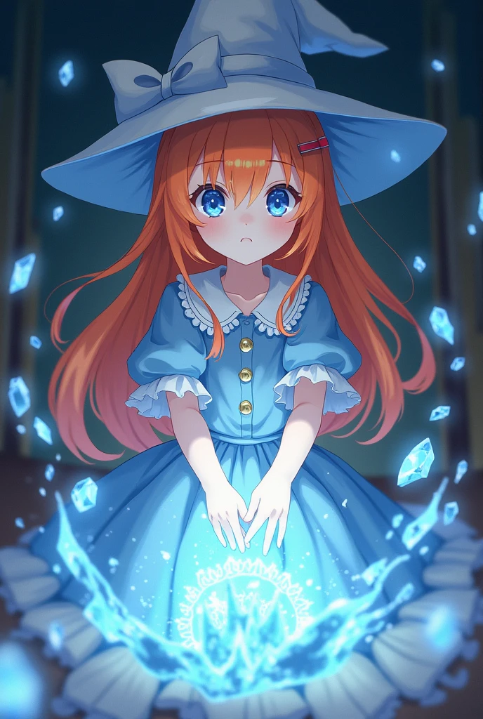 a witch, she has orange hair, her face is quite innocent and blue eyes. She was standing in the room and using ice magic to create floating snowflakes. She's so adorable. anime girl