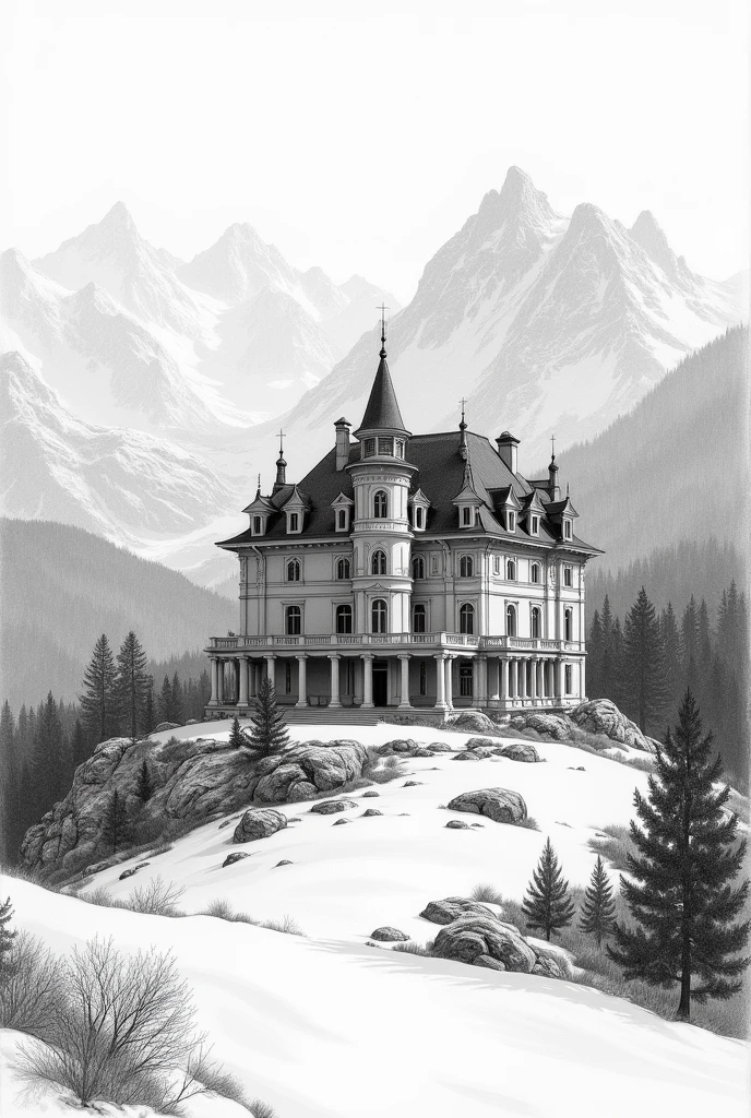 A Mansion in Switzerland Pencil Draft Sketch Black and White