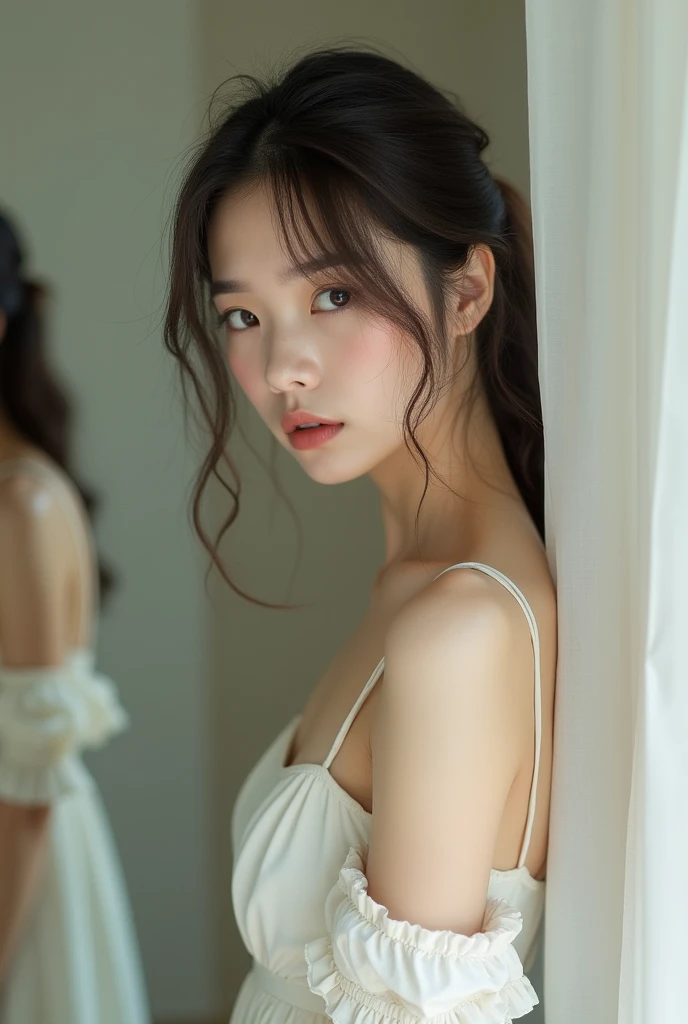 A sad Vietnamese girl with thin hair, hair loss, Look in the mirror, wearing a white dress, summer, nostalgia, simple and beautiful color scheme, flat color, hoa, luxurious, hoa đỏ