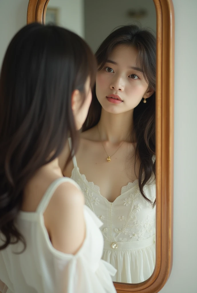 A sad Vietnamese girl with thin hair, hair loss, Look in the mirror, wearing a white dress, summer, nostalgia, simple and beautiful color scheme, flat color, hoa, luxurious, hoa đỏ