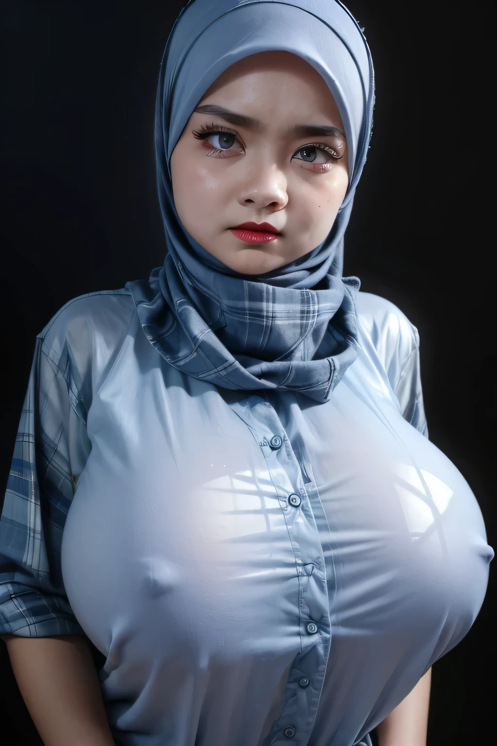 ((Red Lips)), Jumbo (Singlet), Chubby adorable, 1 girl, (face to face), , (()), angry face expression, half body portrait, (face details: 1), (eye details: 1), ((big breasts)). wearing transparent transparency soft long shirt, hijab, .. Cute posed. proportional body. Ultra High Res. realistic: 1.4, UHD, ((plaid pattern)), ((Bigger:2.3)), (((DARK BACKGROUND)))