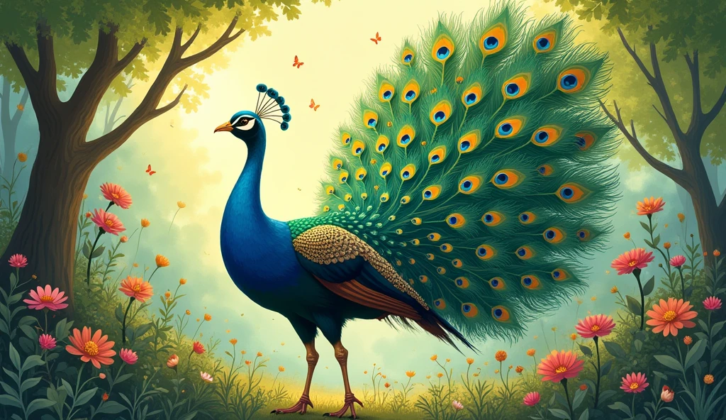 A double-page spread illustration of Peacock strutting forward, his
tail feathers fanned out in a dazzling display of colour and beauty for a children's book