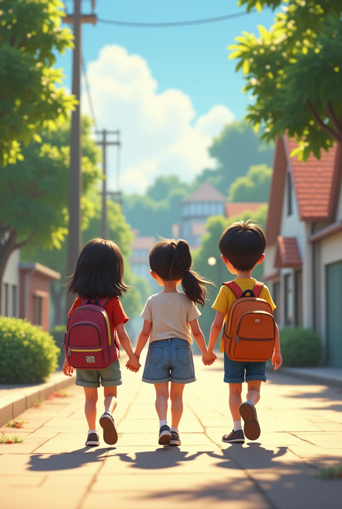 3 kids going to school side view