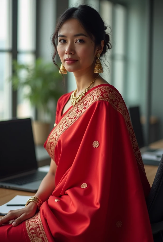 women in red saree age 30 sitting
on office table