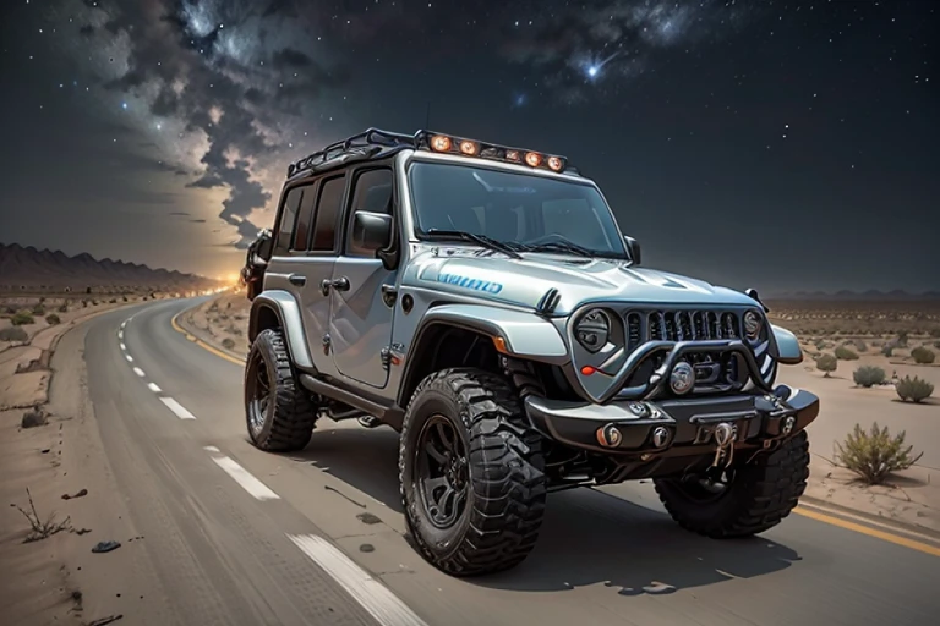 A domineering jeep is speeding on the road under the starry sky in the desert at night,Excellent perspective,Switch to a dark-colored vehicle,Real photography
