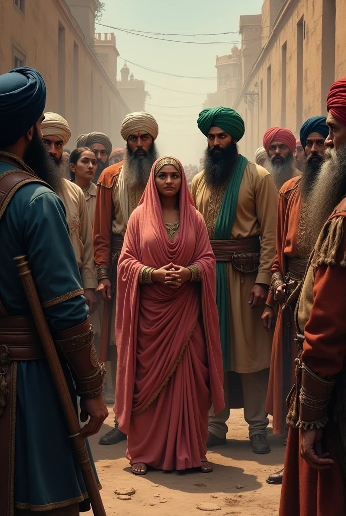 “Create a dramatic scene depicting the capture of साहिबजादा जोरावर सिंह () and साहिबजादा फतेह सिंह () in 1705. Show them with their दादी, माता गुजरी जी, in traditional 18th-century Sikh attire. They are surrounded by नवाब वज़ीर खान’s guards in a historically accurate setting of सिरहिंद, with period architecture and detailed historical costumes.”
