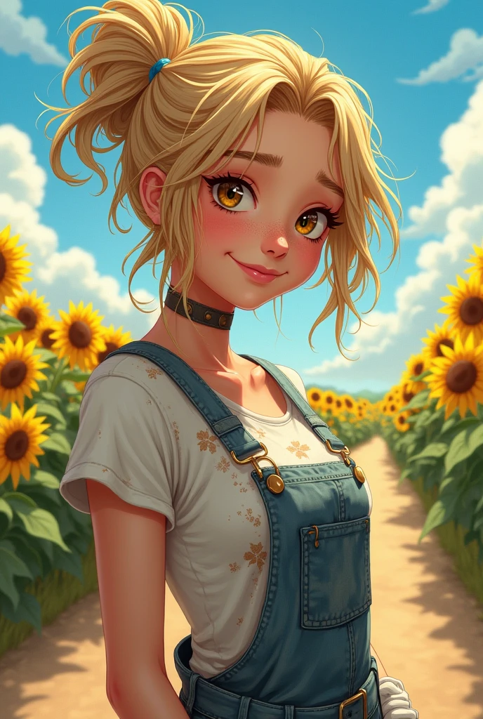 (absurdres, 8k, 4k, masterpiece, hyper extreme detailed:1.2), solo, side view portrait, best quality, portrait, solo, adult, cowboyshot, perfect anatomy, 1girl, perfect face, expressive eyes, perfect eyes, half body, dirty blonde hair, swept bangs, cool, confident, friendly, medium bust, goofy, funny, determined, protagonist, unchanging, worry free, adventurous, long hair, farm, sunflowers, dirt path, blue sky, clouds, sunny city, entertained, messy overalls, dirty, gold eyes, gloves, eccentric, odd, quirky, unique, carefree, original, messy hair, wind, windy, moving hair, moving clothes, tangled hair, dirty, happy, content, overalls, white under shirt, musical, , inspiring, leader, america, friendly, slight smirk, freckles, flowing hair, farmer, wandering, nomad, musician, freckles, dirty face, dirty clothes, white gloves, smiling, half body, torn clothes, bound, bondage, (arms behind back:1.4), bdsm, tape gag, tape, tape bondage, close-up, restrained, best anatomy, half body, tape wrapped, wrap gag, tightly bound, tape wrapped around face, tape above breasts, tape below breasts, sitting