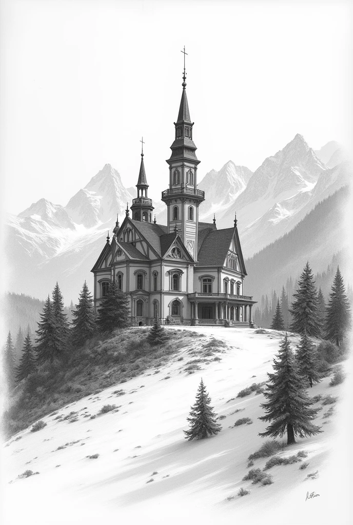 A Mansion in Switzerland Pencil Draft Sketch Black and White