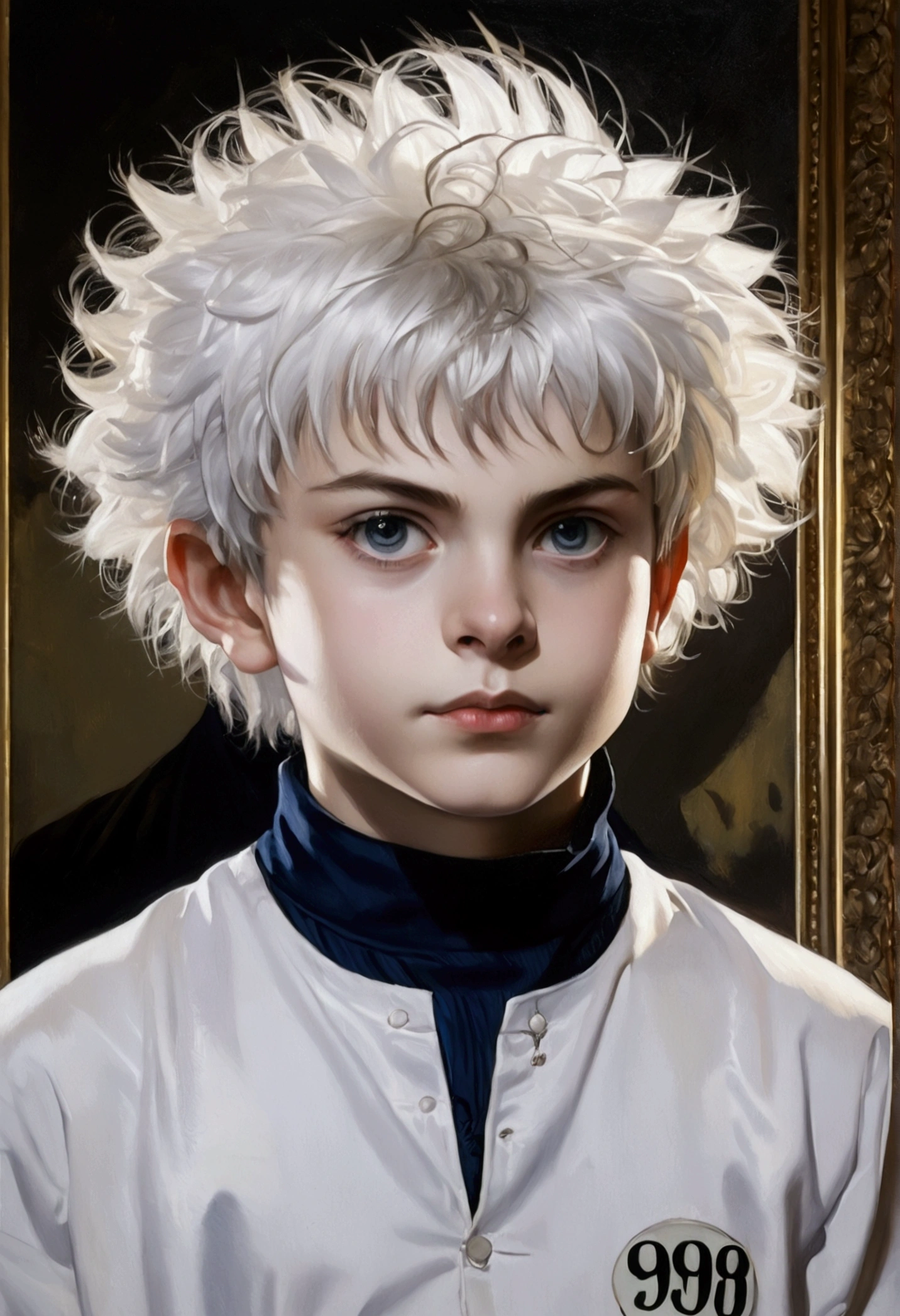 a 12 year old boy with silver hair, victorian era oil painting, killua zoldyck, detailed facial features, beautiful eyes, intricate hairstyle, elegant victorian clothing, serious expression, dramatic lighting, rich color palette, ornate victorian frame, highly detailed, award winning, masterpiece, photorealistic, 8k