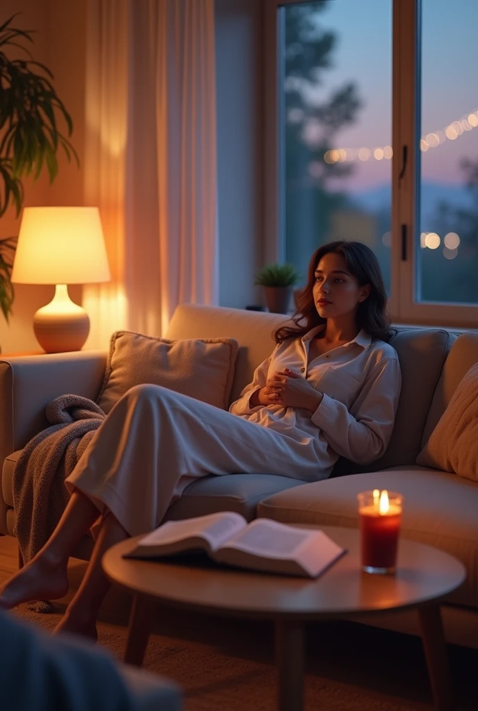 Create an image of a cozy and relaxed Friday evening scene. A young woman is lounging on a comfortable sofa in a softly lit living room, wearing casual loungewear. The room is warm and inviting, with a dimly lit lamp, soft cushions, and a blanket draped over the sofa. A warm drink sits on the coffee table next to an open book, and a window shows a peaceful evening sky outside. The overall mood is calm and serene, capturing the essence of unwinding and enjoying a peaceful evening