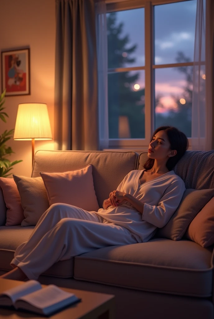 Create an image of a cozy and relaxed Friday evening scene. A young woman is lounging on a comfortable sofa in a softly lit living room, wearing casual loungewear. The room is warm and inviting, with a dimly lit lamp, soft cushions, and a blanket draped over the sofa. A warm drink sits on the coffee table next to an open book, and a window shows a peaceful evening sky outside. The overall mood is calm and serene, capturing the essence of unwinding and enjoying a peaceful evening