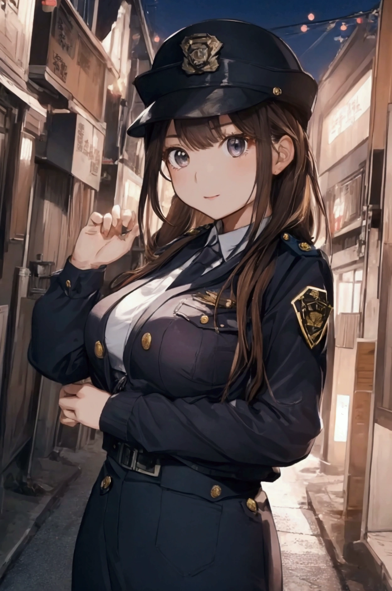 (ultra highres、ultra quality、Masterpiece、8k、),A girl with light hair drawn in high resolution policewoman.japannse police woman、Young and cute 、Asian woman,s hot, Japanese Model, Cute Core, , Chubby 、(big breast)、Town、Fluffy white blouse