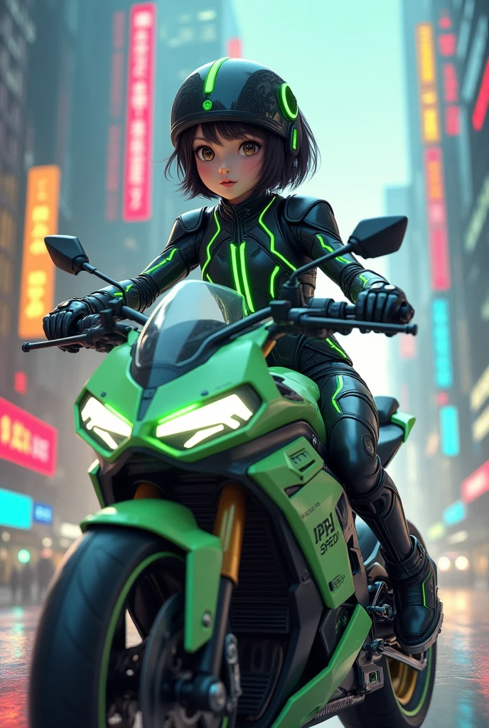 Highest image quality, excellent details, ultra-high resolution, (realism: 1.4), best illustrations, favorite details, very condensed girl 1, with delicate and beautiful face, wearing a black and green mecha, wearing a mecha helmet, holding a direction controller , riding a motorbike that says "ipey speed", the background is a high-tech lighting scene in the city of the future.