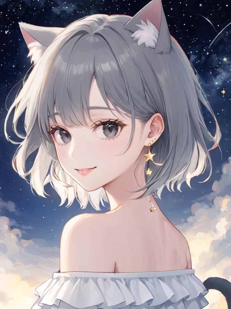 ultra-detailed,(best quality),((masterpiece)),(highres),original,extremely detailed anime art,1girl,black eyes,solo,jewelry,smile,gray bob hair, fluffy gray cat ears,earrings,looking at viewer,upper body,shirt,off shoulder,star (sky),white shirt,closed mouth,sky,starry sky,bare shoulders,collarbone, cat girl