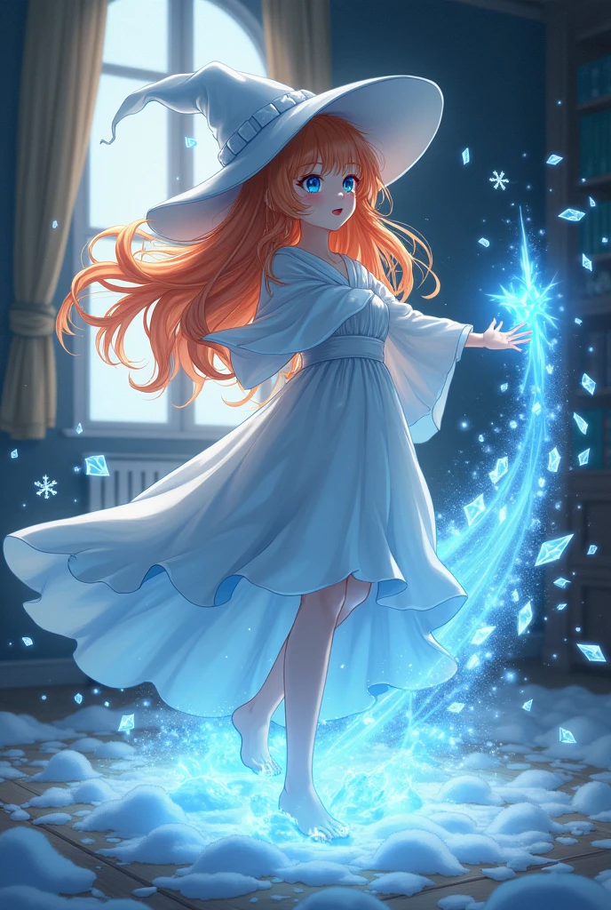 a witch, she has orange hair long, her face is quite innocent and blue eyes. She was standing in the room and using ice magic to create floating snowflakes. She's so adorable. anime girl