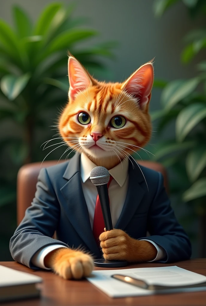 Create an orange cat sitting in chair wearing suit and acting as reporter background should cover plants and holding a mic close to mouth and a desh in front covering half bottom portion of image
