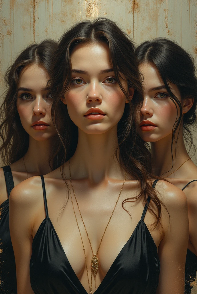 a beautiful detailed photo of 3 women and 2 band, intricate facial features, expressive eyes, highly detailed skin and clothing, dramatic studio lighting, vibrant colors, cinematic composition, moody atmosphere, photorealistic, award winning album cover art, oil painting, masterpiece, smiling and in a stage