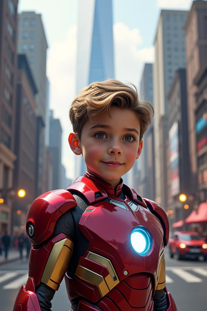 Real boy with costume iron man with building background