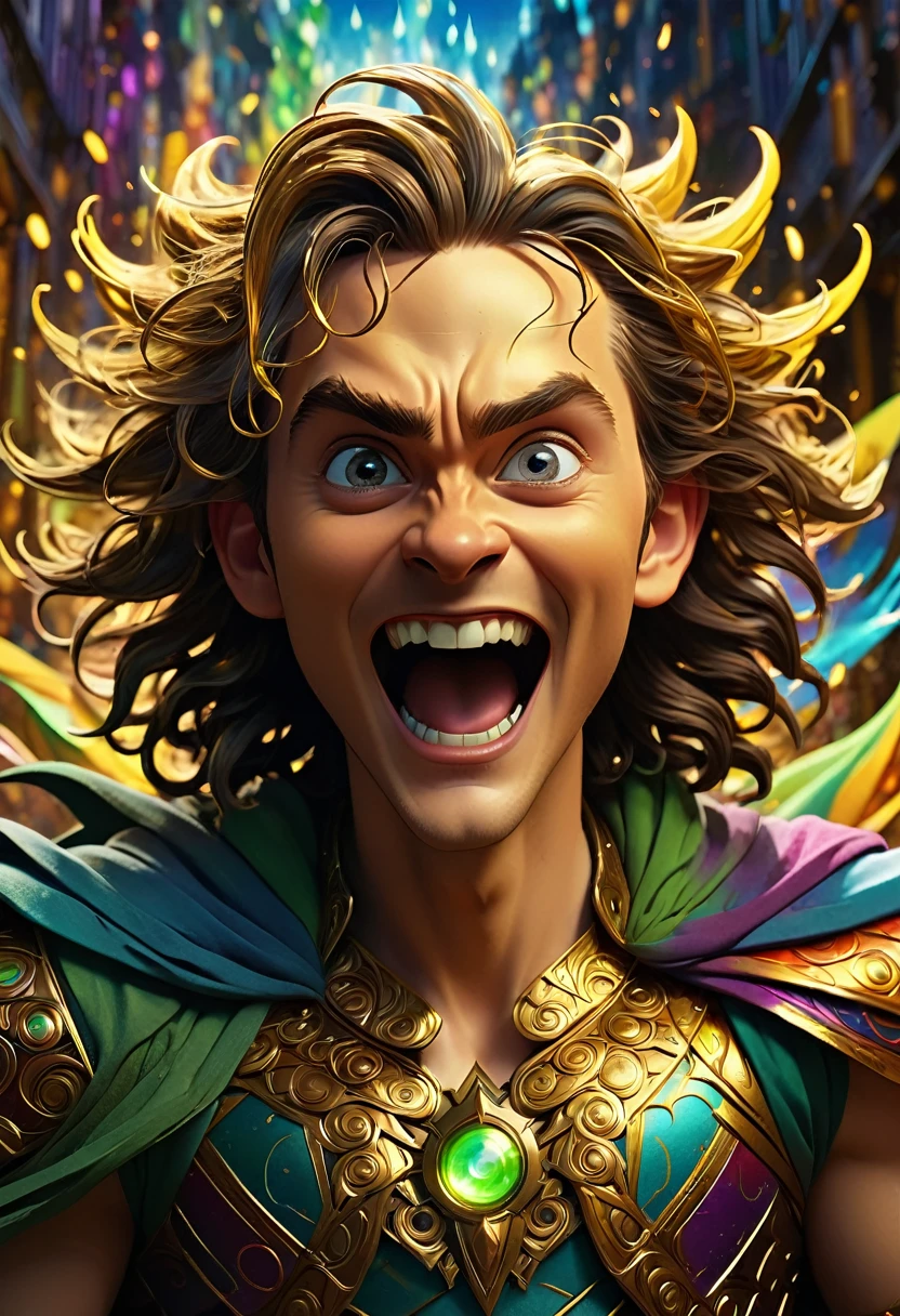 Loki, with a mischievous grin, stands in the center of a chaotic scene, his eyes sparkling with excitement, His body is relaxed, arms spread wide as if he’s welcoming the chaos around him, chiaroscuro enhancing hyperbolic illustration, astonishing 32k resolution, ultra HD, realistic with vivid colors, glowing, bright and intense light, UHD pen and ink technique, beautiful intricate, fantasy background, full body portrait, dim volumetric lighting, 8k octane beautifully detailed render, has golden skin, intricate, stunning Detailed matte painting, deep color, fantastical, intricate detail, complementary colors, fantasy concept ,colorful ,color art, color chaos, cutie,