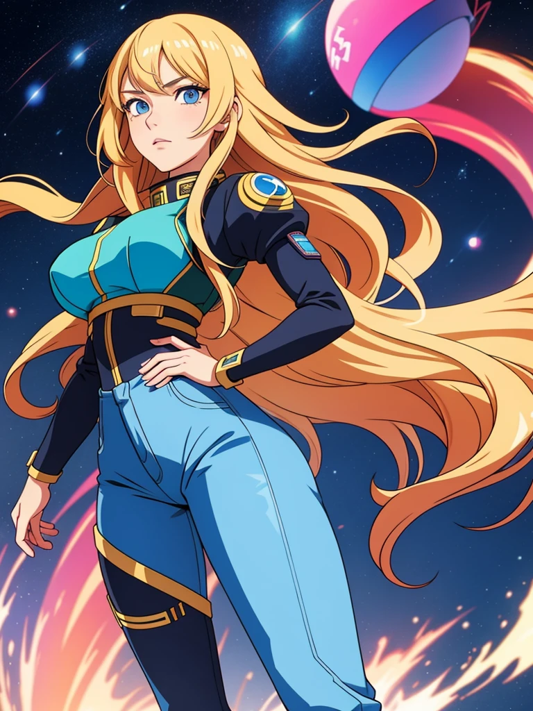 Anime style female character inspired by vintage space opera aesthetics., with elongated facial features, 165 cm tall, have blonde, waist length, wavy hair with v bangs, and blue eyes. She is wearing tight jeans and high boots on top., adding an equestrian touch to your outfit. The character design reflects a mix of space opera elements and realistic body proportions.., highlighting her strong but feminine presence.