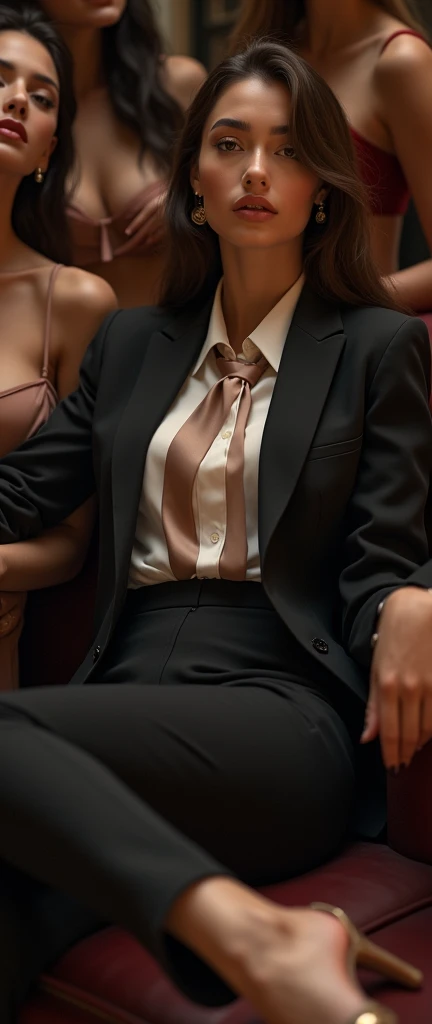 a stylish woman in a suit and tie reclining while laying flat, with multiple girls laying around her their legs visible in the frame, (best quality,4k,8k,highres,masterpiece:1.2),ultra-detailed,(realistic,photorealistic,photo-realistic:1.37),HDR,UHD,studio lighting,ultra-fine painting,sharp focus,physically-based rendering,extreme detail description,professional,vivid colors,bokeh,portrait,high fashion,elegant,glamorous,cinematic,dramatic lighting,moody,mysterious,sensual,sophisticated