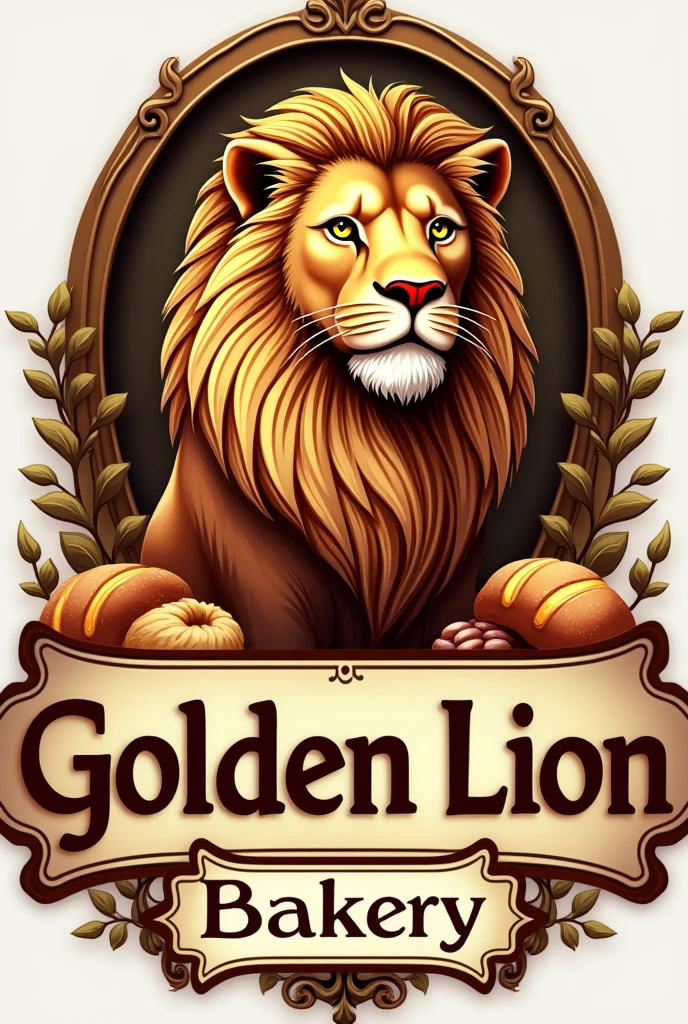 Create a logo on the theme of a golden lion bakery and snack bar