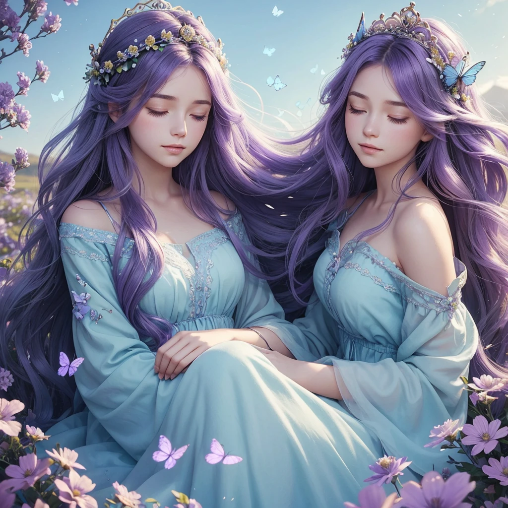 The image is a digital illustration of a young woman with long, wavy hair. She is wearing a crown of purple flowers on her head and her eyes are closed, as if she is in a peaceful state. The background is a soft, pastel blue color, and there are several blue butterflies flying around her. The overall mood of the image is dreamy and ethereal.